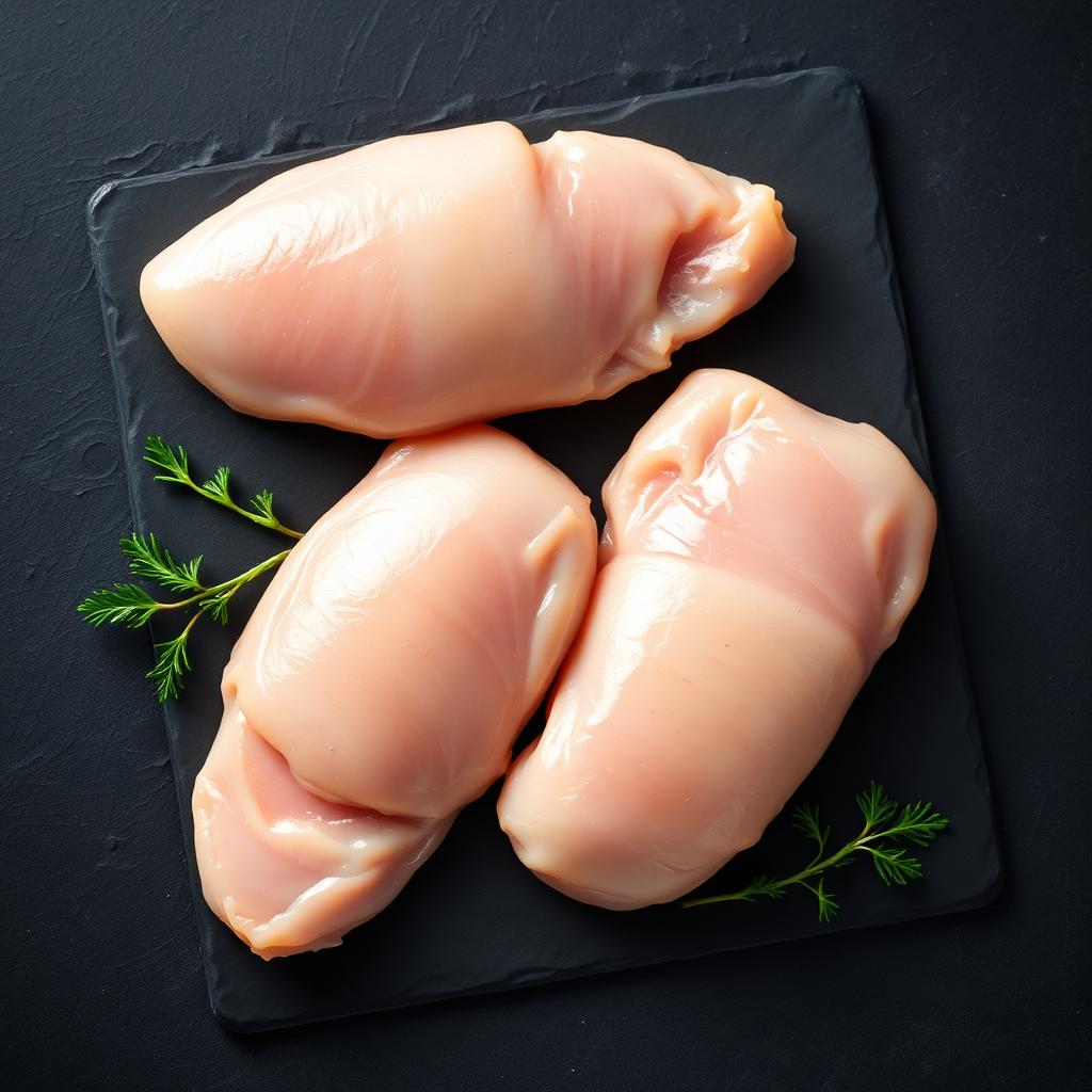 Premium fresh halal chicken on a dark slate surface